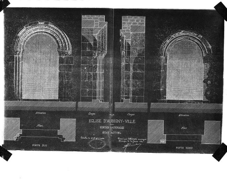 Portes latérales nord et sud : état actuel, plan, coupe et élévation, 1880.