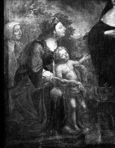 Peinture sur toile représentant le miracle de sainte Montaine ; détail d'une femme qui présente son fils à sainte Montaine.