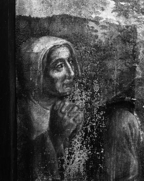 Peinture sur toile représentant le miracle de sainte Montaine ; détail d'une servante en prière.