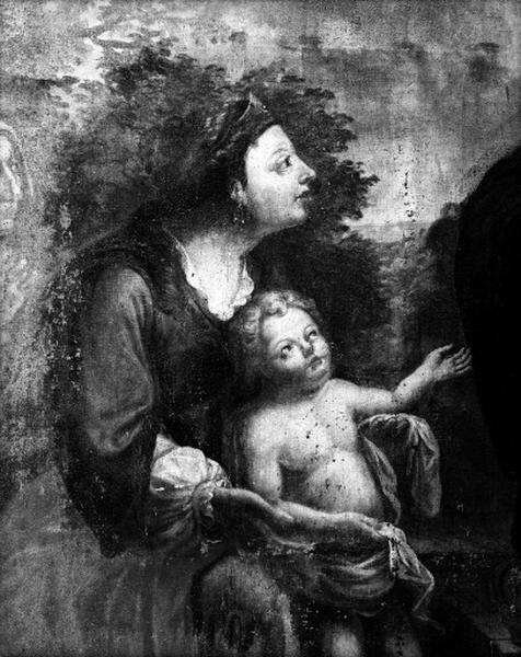 Peinture sur toile représentant le miracle de sainte Montaine ; détail d'une femme qui présente son fils à sainte Montaine.