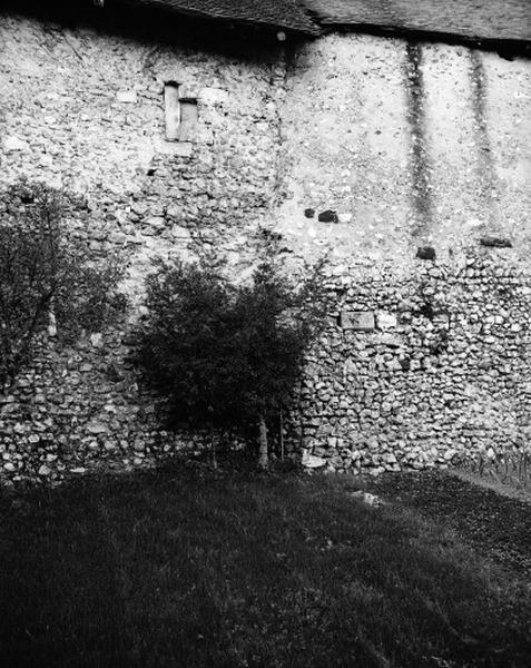 Mur d'enceinte, détail appareil assisé en moellons de grès et silex.