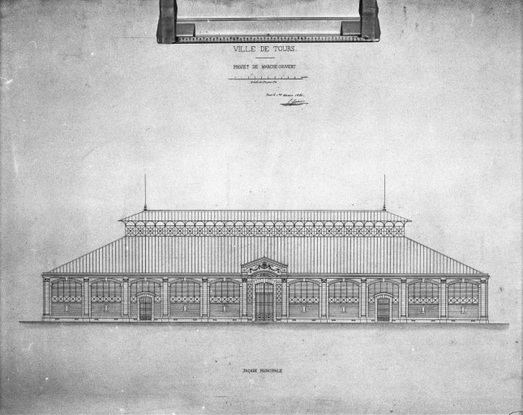 Projet de marché couvert : façade principale, élévation, par G. Guérin, 1er mars 1861.