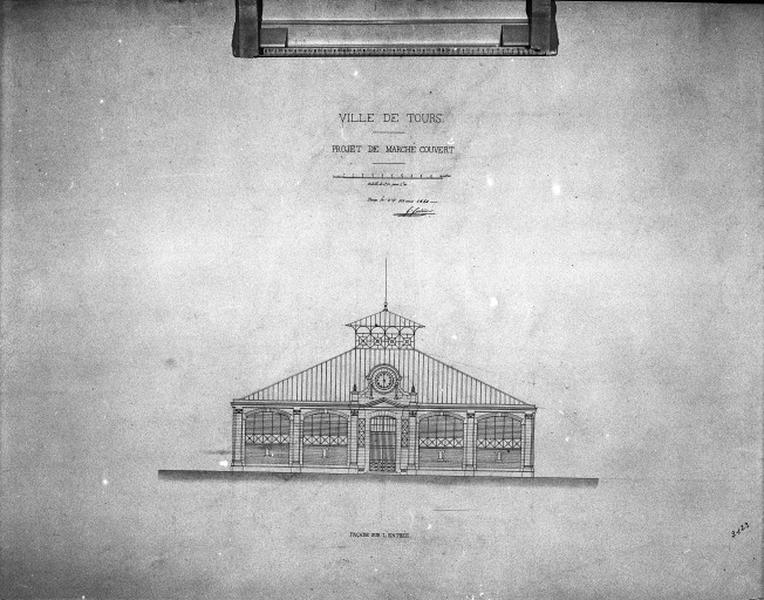 Projet de Marché couvert : façade sur l'entrée, élévation, par G. Guérin, 1er mars 1861.