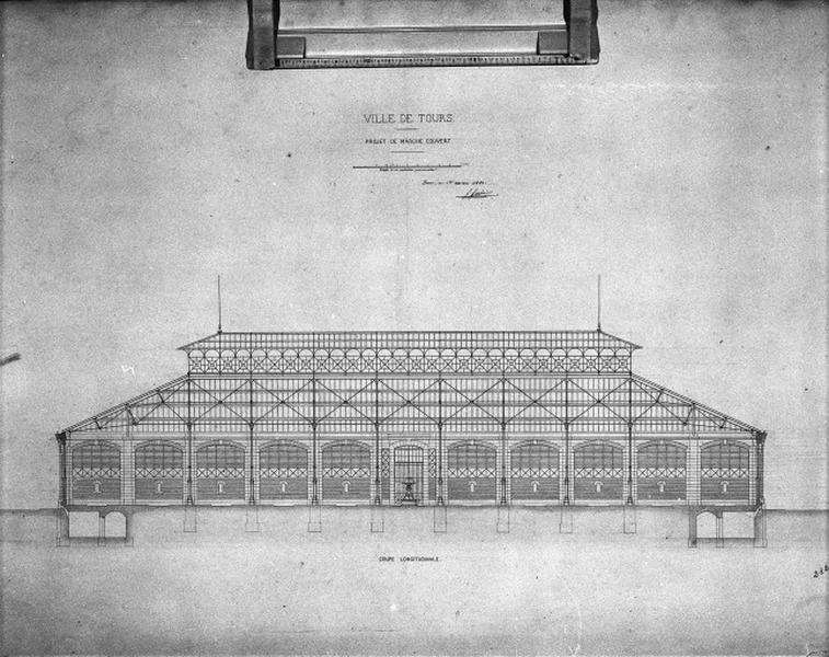 Projet de marché couvert : coupe longitudinale, par G. Guérin, 1er mars 1861.