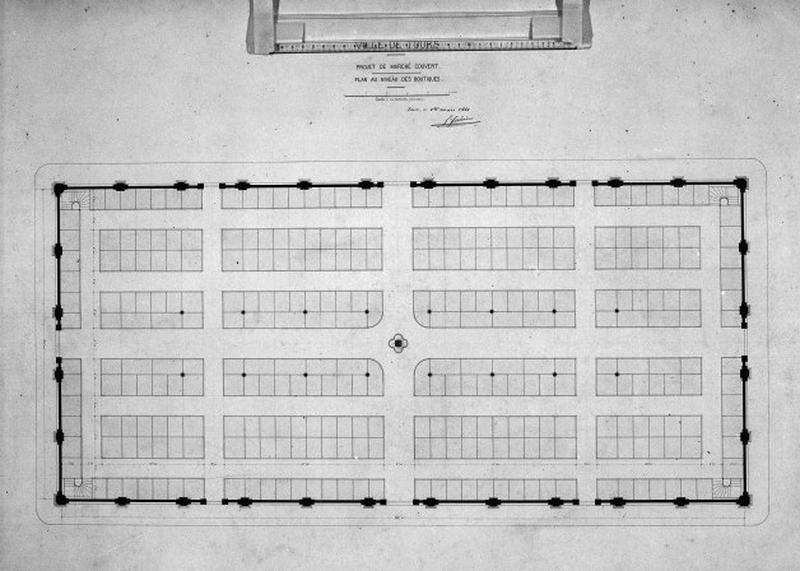 Projet de marché couvert : plan au niveau des boutiques, par G. Guérin, 1er mars 1861.