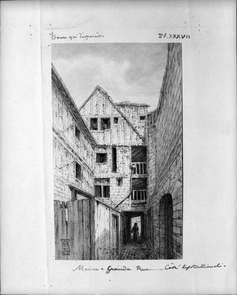 Côté septentrional, façade sur la cour, démolie en 1940. Dessin par Edouard Gatian de Clérambault, 1910.