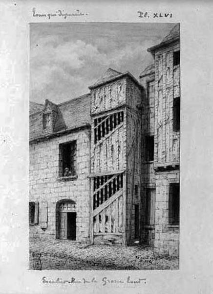 Tourelle d'escalier de la fin du XVIe ou commencement XVIIe, dans une cour appelée jadis cour Barat, dessin par Edouard Gatian de Clérambault, 1909.