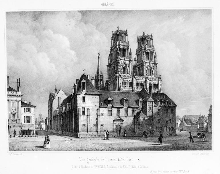 Vue générale (dessin de Charles Pensée, lithographie de Lemercier, extrait de Histoire architecturale d'Orléans, Orléans : Gatineau et Darnault-Morand, 1849).