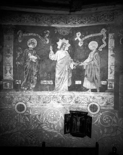 Chapelle, mur nord de l'Est à l'ouest, Christ donnant les clefs à saint Pierre ; à gauche, saint Jean-Baptiste.