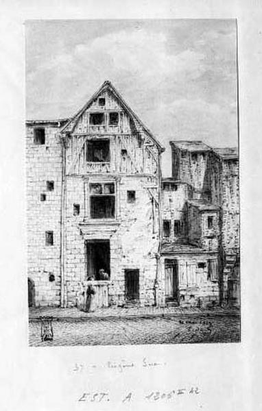 Maison premier quart 16e siècle : façade antérieure sur rue, vue d'ensemble, dessin par Gatian de Clérambault.