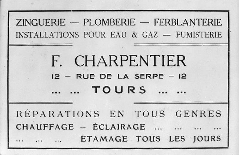 Carte de visite : F. Charpentier, zinguerie, plomberie, ferblanterie.