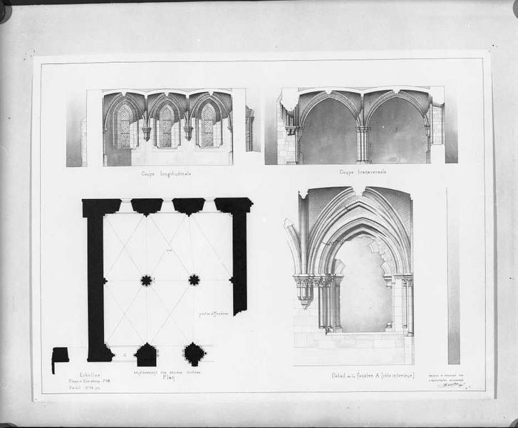 Coupe longitudinale et coupe transversale ; détail de la fenêtre.