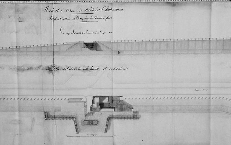 Premier projet de pont sur la Creuse en 1811: Coupe en travers du pont et plan de la culée de la ville haute et de ses abords. Détail : partie centrale du plan. Le nord est vers le bas.