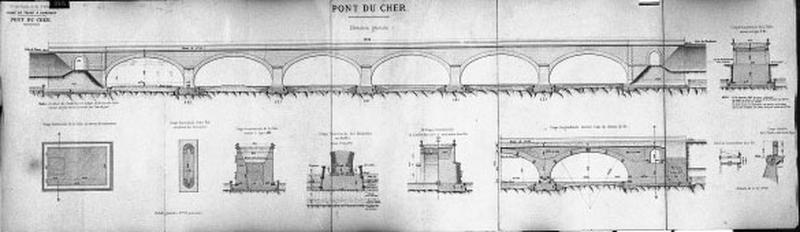 Elévation, coupes et détails du pont de chemin de fer sur le Cher de la ligne Tours-Bordeaux, n.s., n.d., deuxième moitié XIXe siècle.