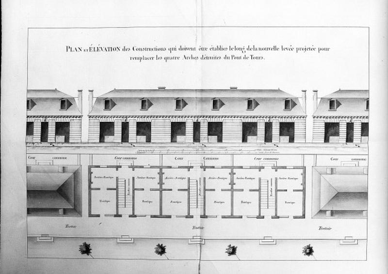 Pont de pierre, 'projet de boutiques à établir le long de la première volée projetée pour remplacer les quatre arches détruites du pont de Tours' : projet vers 1802, par Pierre-Philippe Vallée, ingénieur.