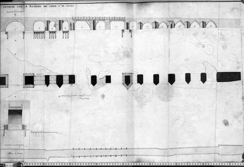Plan, et profil du Pont de Saint-Sauveur sur la rivière de Cher : élévation, plan au niveau des piles, plan au niveau du tablier, coupe sur une arche, deuxième partie, Despictières, 1778.