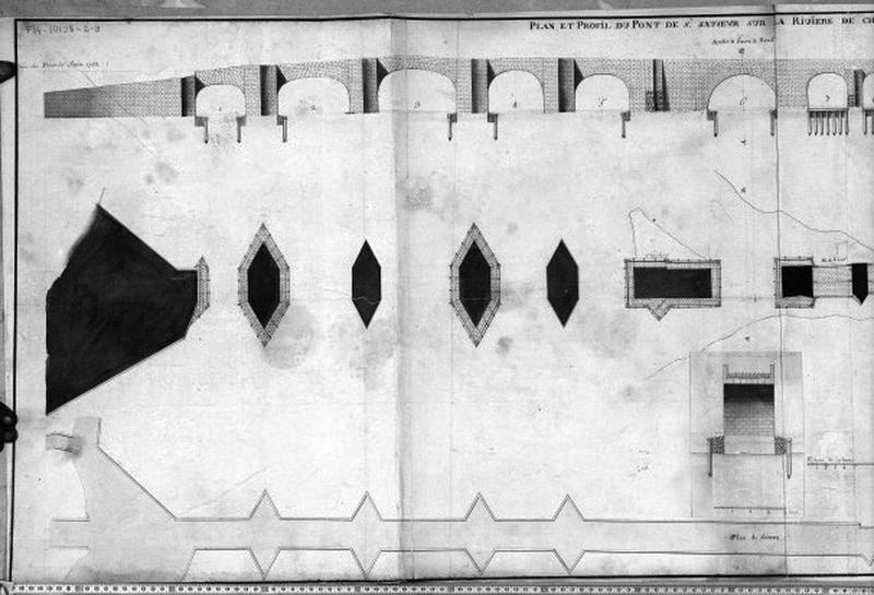 Plan, et profil du Pont de Saint-Sauveur sur la rivière de Cher : élévation, plan au niveau des piles, plan au niveau du tablier, coupe sur une arche, première partie, Despictières, 1778.