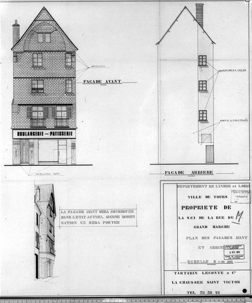 Etat avant travaux, élévation des façades antérieures et postérieures par Tartarin Leconte et cie, échelle : 1/50e.