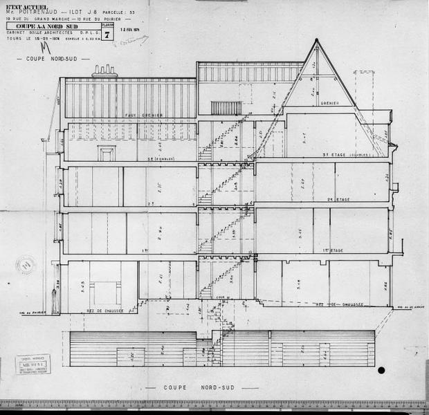 Etat avant travaux, coupe longitudinale, échelle : 1/100e.