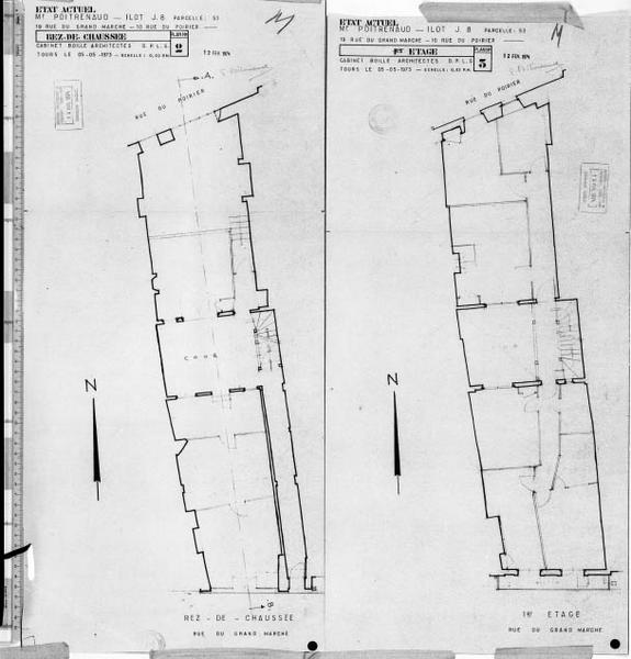 Etat avant travaux, plan du sous-sol, du rez-de-chaussée et du premier étage, échelle 1/100e.