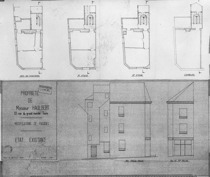 Etat avant travaux, élévation de la façade sud, échelle 1/100e.