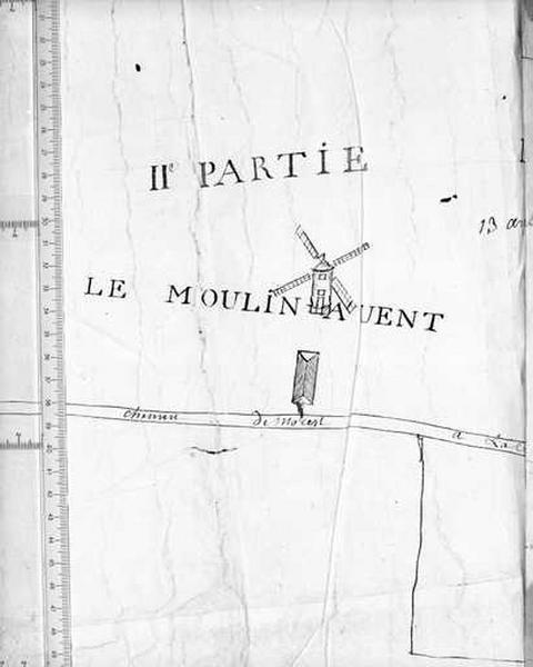 Extrait de plan censif de Saumery (2e partie) ; château et détail du moulin à vent ; milieu 18e siècle.