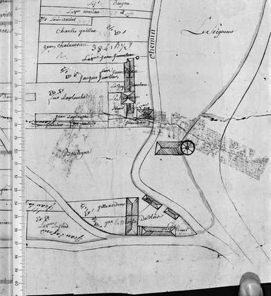 Censifs de Saint-Laurent, Saumery et Villeneuve ; détail : censif de Villeneuve (1ère partie), chemin d'Huisseau à Villeneuve (2e partie), les Benoîtes ; milieu 18e siècle. Plan situant le moulin à eau.