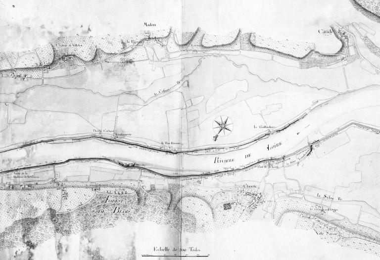 Carte des bords de la Loire, XVIIIe siècle. Détail sur Chouzy-sur-Cisse et Candé-sur-Beuvron. (archives nationales, CP F 14 10066/3).