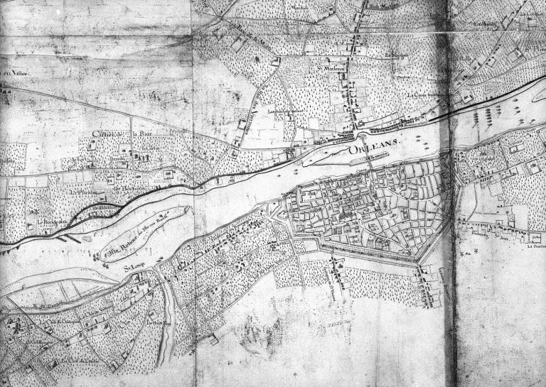 Carte du cours de la Loire dans l'étendue de l'élection d'Orléans, première moitié du XVIIIe siècle. Détail. (archives nationales, site de Paris, CP F 14 10066/3).