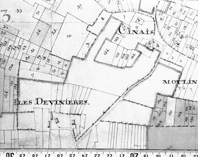 Plan de la seigneurie de Coudray, détail : Cinais (ancienne église et son cimetière), Seuilly, les Devinières, maison dite "de Rabelais".