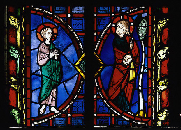 Vitrail déposé : Dieu le Père montre l'arbre de Vie à Eve.