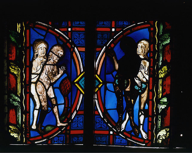 Vitrail déposé : Adam et Eve découvrent leur nudité.