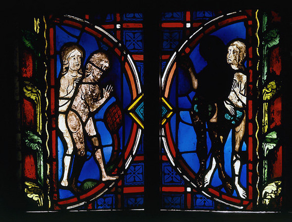 Vitrail déposé : Adam et Eve découvrent leur nudité.