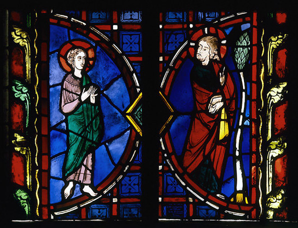 Vitrail déposé : Dieu le Père montre l'Arbre de Vie à Eve.