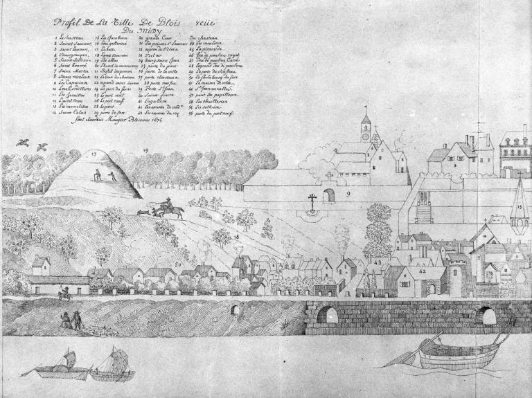 Vue de Blois au XVIIe siècle par Maugier copiée par A. Trouëssart en 1895. Détail : faubourg du Foix. (conservation du château de Blois).