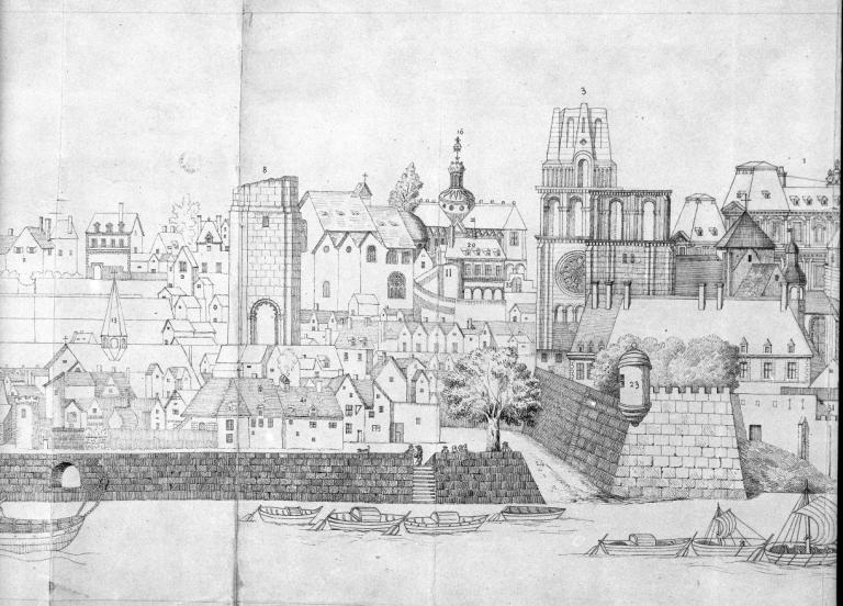 Vue de Blois au XVIIe siècle par Maugier copiée par A. Trouëssart en 1895. Détail : faubourg du Foix, église Saint-Nicolas, abbaye Saint-Lomer. (conservation du château de Blois).