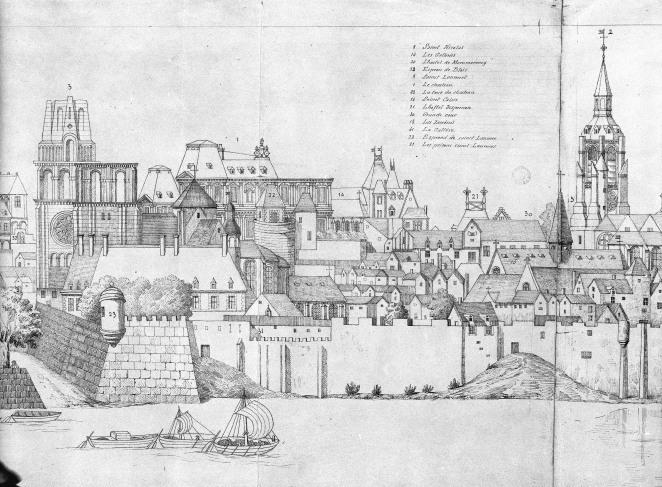 Vue de Blois au XVIIe siècle. Détail partie centrale : Saint-Lomer, château, couvent des Jacobins, Hotel-Dieu, Saint-Louis des Jésuites.