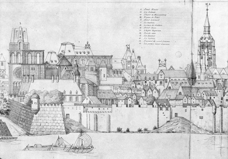 Vue de Blois au XVIIe siècle par Maugier copiée par A. Trouëssart en 1895. Détail : abbaye Saint-Lomer, château, couvent des Jacobins, Hôtel-Dieu, Saint-Louis des Jésuites. (conservation du château de Blois).