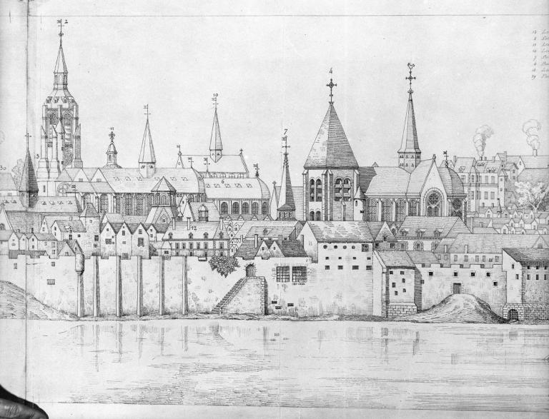 Vue de Blois au XVIIe siècle par Maugier copiée par A. Trouëssart en 1895. Détail : abbaye de Bourgmoyen. (conservation du château de Blois).