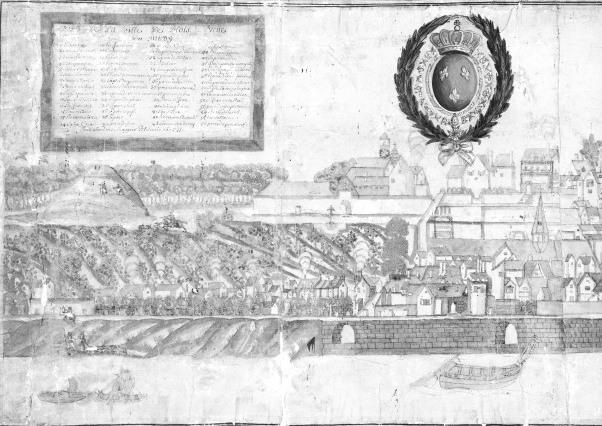 Vue de Blois au XVIIe siècle. Profil de la ville de Bloys veüe du midy. 1675. Détail partie ouest : faubourg du Foix.