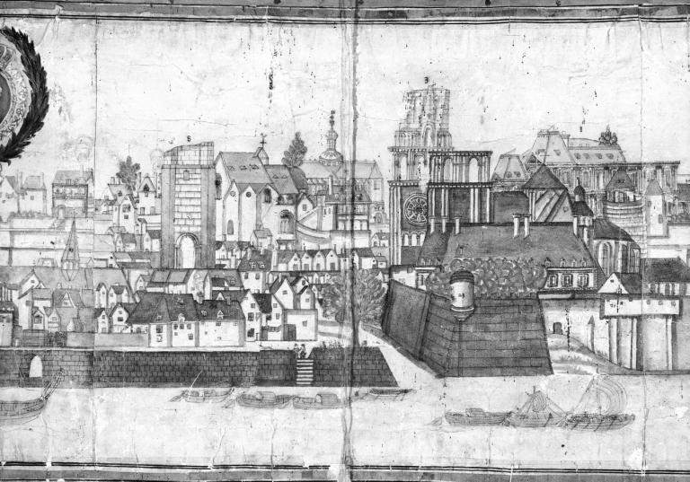 Profil de la ville de Bloys veüe du midy, 1675, par Claude Maugier. Détail : faubourg du Foix, église Saint-Nicolas, abbaye Saint-Lomer. (conservation du château de Blois, 869-38-1).