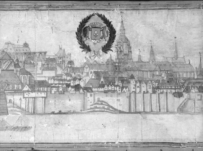 Détail du Profil de la ville de Blois veüe du Midy. Enceinte du milieu du XIVè siècle, front sud. Porte Garnaud et mur de ville au sud du cimetière de l'Hôtel-Dieu, état en 1675. Vue de Blois au XVIIème siècle.