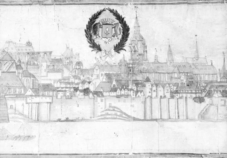 Profil de la ville de Bloys veüe du midy, 1675, par Claude Maugier. Détail : château, couvent des Jacobins, Hôtel-Dieu, Saint-Louis des Jésuites. (conservation du château de Blois, 869-38-1).