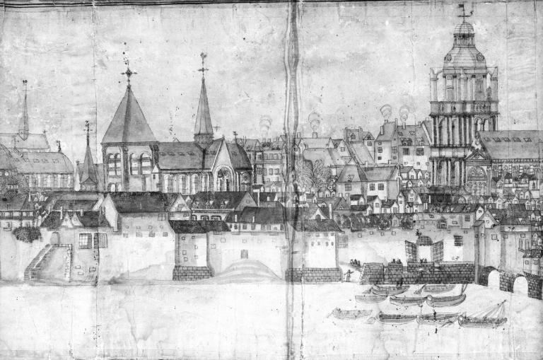 Profil de la ville de Bloys veüe du midy, 1675, par Claude Maugier. Détail : abbaye de Bourgmoyen et église Sainte-Solenne. A droite, le port Vieil. (conservation du château de Blois, 869-38-1).