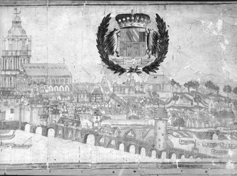 Vue de Blois au XVIIème siècle. Détail du Profil de la ville de Blois veüe du Midy. Enceinte du milieu du XIVè siècle et extension de la première moitié du XVIè siècle. Mise en état de défense du pont.