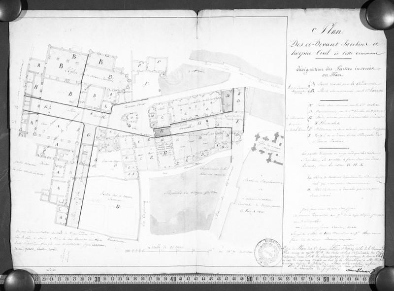 Plan des ci-devant Jacobins et Hospice civil de cette commune. Désignation des parties insérées au plan : A= parties réservées pour la gendarmerie, B= parties soumissionnées à diverses personnes, G= parties réservées pour les rues nouvelles projetées.