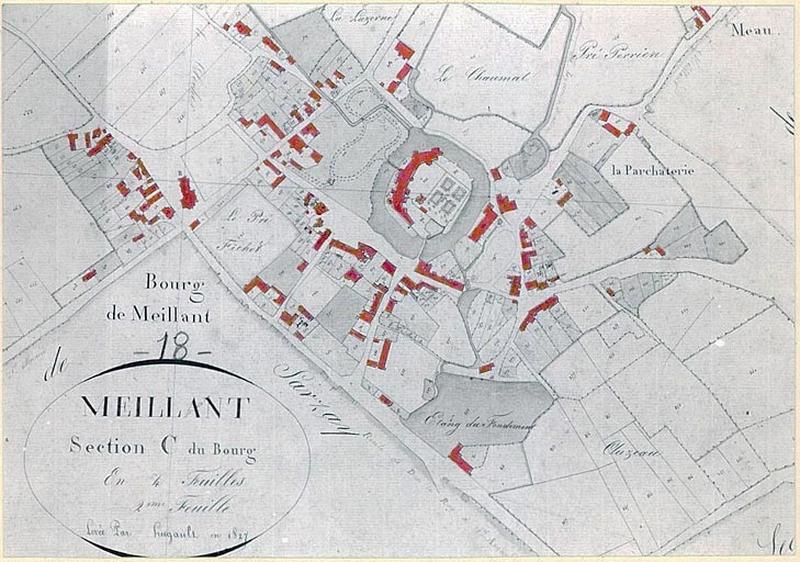 Plan cadastral, échelle 1/2500, 1827 : bourg (partie ouest).