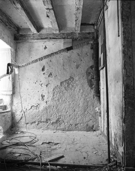 Logis ouest, rez-de-chaussée, salle nord, mur est avec à droite une cage d'escalier en bois, un corbeau soutien la sablière de plancher.