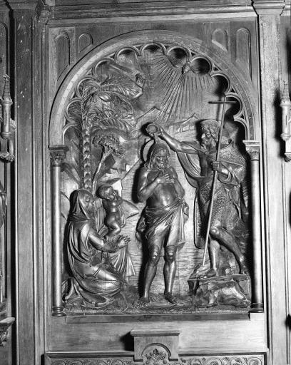 Ensemble de 4 statues et 2 hauts-reliefs du retable