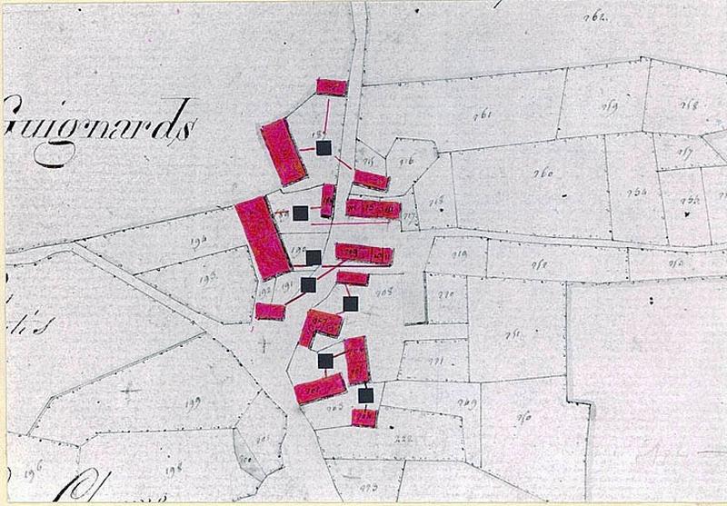 Les Guignards : fermes reperées d'après le plan cadastral de 1826, section A, éch. 1/2500e.